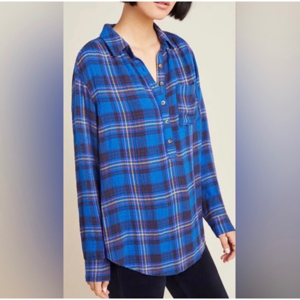 by Anthropologie Blue Plaid Button Back Pop Over Tunic Top Size M